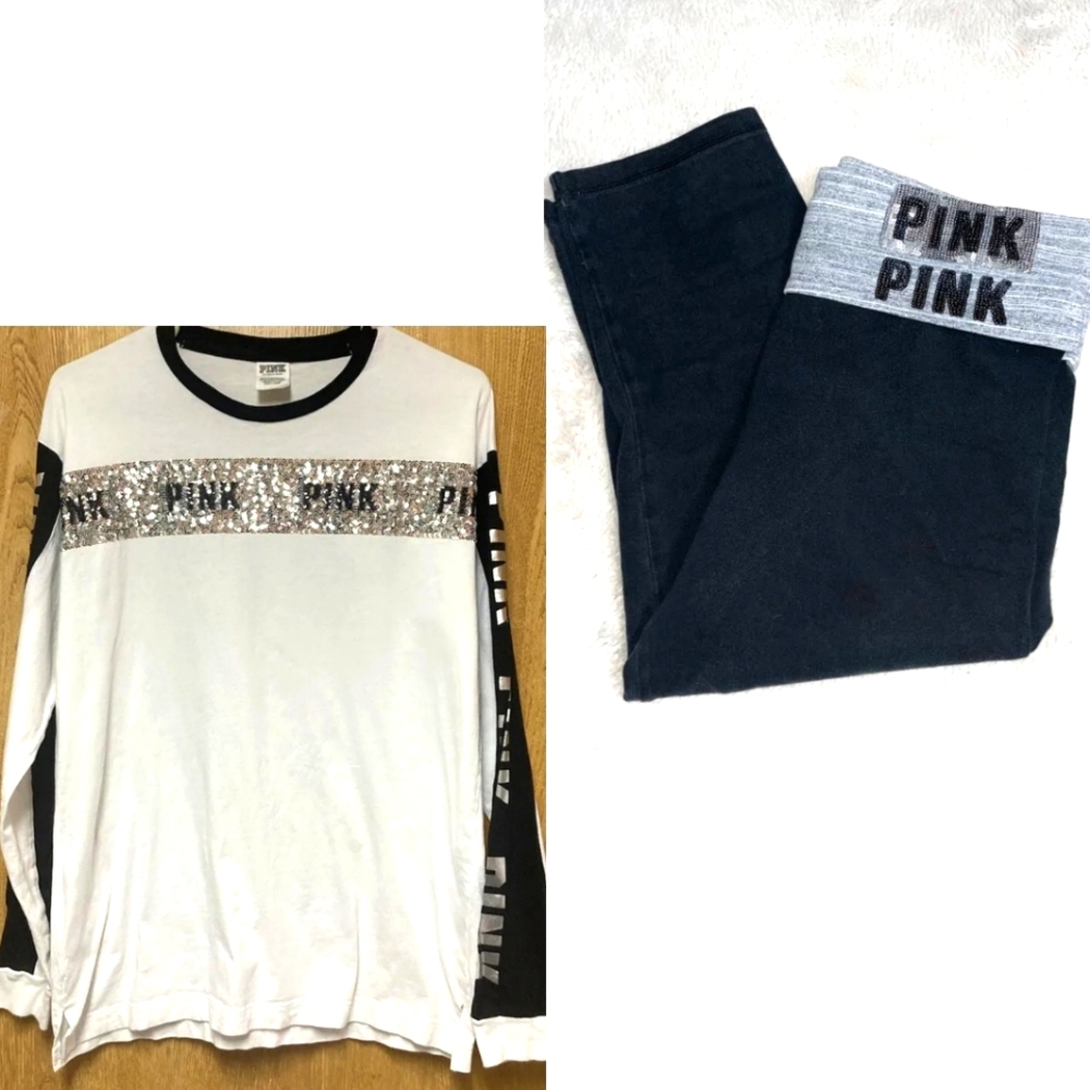 Victoria's Secret Pink Vintage Long sleeve Capri Bling Sequin Set.